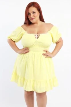 Yellow Cotton Blend Ribbon Trim Shirred Waist Minidress