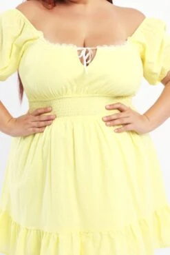 Yellow Cotton Blend Ribbon Trim Shirred Waist Minidress -You And All Fashion Store cdd4377 47ab lemon 5