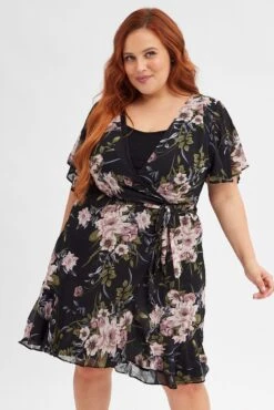 Black Floral Fit And Flare Dress Short Sleeve Wrap -You And All Fashion Store cdd7816r 81rb floral 3