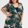 Green Floral Fit And Flare Dress Short Sleeve Wrap