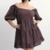 Brown Square Neck Puff Sleeve Minidress