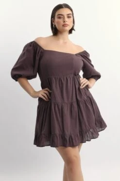 Brown Square Neck Puff Sleeve Minidress