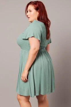 Green Shirred Mini Shirtdress -You And All Fashion Store cdd8372a 35ab wash khaki 4