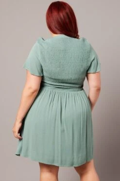 Green Shirred Mini Shirtdress -You And All Fashion Store cdd8372a 35ab wash khaki 5