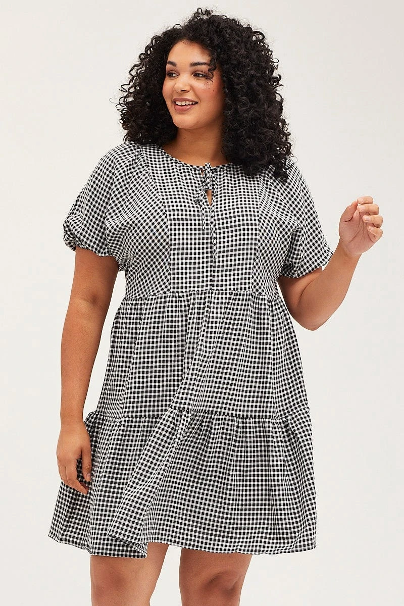 Check Skater Dress Round Neck Puff Sleeve 1 Check Skater Dress Round Neck Puff Sleeve