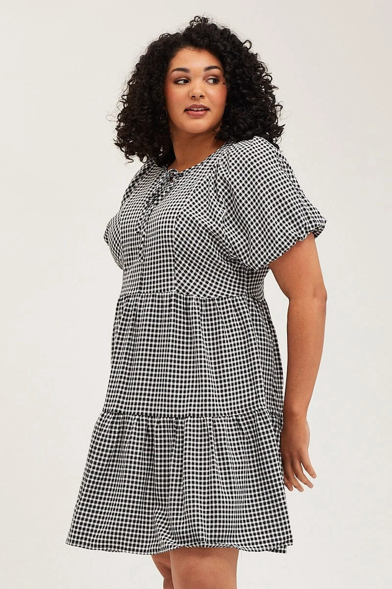Check Skater Dress Round Neck Puff Sleeve 4 Check Skater Dress Round Neck Puff Sleeve - Image 4