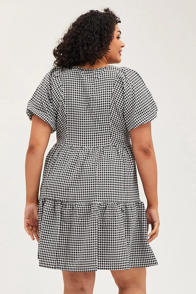 Check Skater Dress Round Neck Puff Sleeve 5 Check Skater Dress Round Neck Puff Sleeve - Image 5