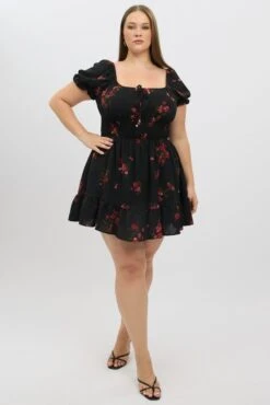 Black Floral Shirred Waistband Puff Sleeve Minidress -You And All Fashion Store cdd9007d 47a floral 3