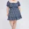 Blue Ditsy Fit And Flare Dress Short Sleeve Shirred Waist