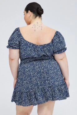 Blue Ditsy Fit And Flare Dress Short Sleeve Shirred Waist -You And All Fashion Store cdd9007f 33r ditsy 5