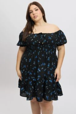 Black Ditsy Scoop Neck Tie Front Shirred Waist Minidress -You And All Fashion Store cdd9007gh 35a ditsy 3