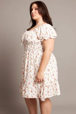 White Ditsy Shirred Waist Scoop Neck Flare Minidress -You And All Fashion Store cdd9007j 34a ditsy 4