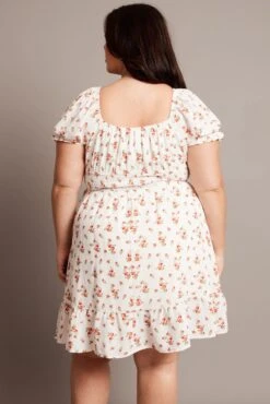 White Ditsy Shirred Waist Scoop Neck Flare Minidress -You And All Fashion Store cdd9007j 34a ditsy 5