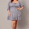 Black Check Mini Dress 3/4 Sleeve Shirred Gingham
