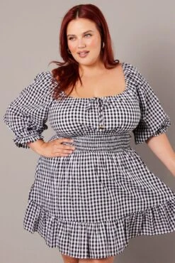 Black Check Mini Dress 3/4 Sleeve Shirred Gingham -You And All Fashion Store cdd9007lv 33ab check 3