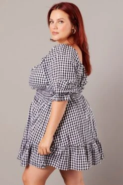 Black Check Mini Dress 3/4 Sleeve Shirred Gingham -You And All Fashion Store cdd9007lv 33ab check 4