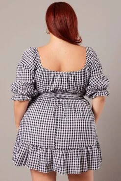 Black Check Mini Dress 3/4 Sleeve Shirred Gingham -You And All Fashion Store cdd9007lv 33ab check 5