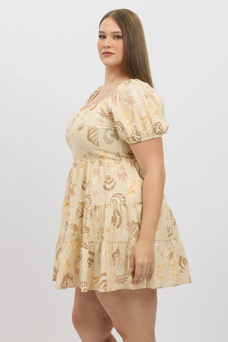 Beige Abstract Puff Sleeve Sweetheart Neck Dress 4 Beige Abstract Puff Sleeve Sweetheart Neck Dress - Image 4