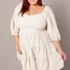 Beige Puff Three Quarter Sleeve Sweetheart Neck Dress