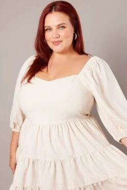 Beige Puff Three Quarter Sleeve Sweetheart Neck Dress -You And All Fashion Store cdd9075l 36a oatmeal 3