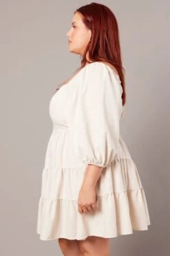 Beige Puff Three Quarter Sleeve Sweetheart Neck Dress -You And All Fashion Store cdd9075l 36a oatmeal 4