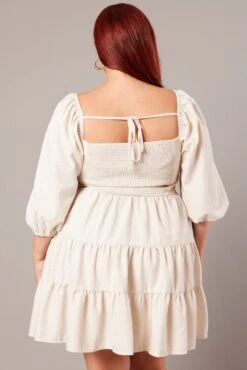 Beige Puff Three Quarter Sleeve Sweetheart Neck Dress -You And All Fashion Store cdd9075l 36a oatmeal 5