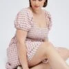 Pink Check Shirred Bodice Mini Dress Gingham