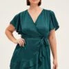 Green Wrap Dress Short Sleeve V-neck Satin