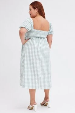 Check Midi Dress Ruched Bodice Gingham Puff Sleeve -You And All Fashion Store cdd9109a 33ab check 3