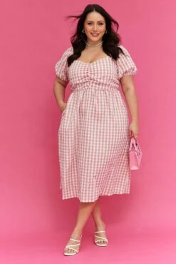 Pink Check Midi Dress Ruched Bodice Gingham Puff Sleeve
