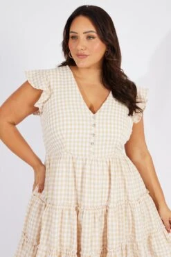 Beige Check Fit And Flare Dress Short Sleeve -You And All Fashion Store cdd9264h 34rb check 3