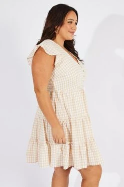 Beige Check Fit And Flare Dress Short Sleeve -You And All Fashion Store cdd9264h 34rb check 4