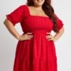 Red Minidress Check Puff Sleeve