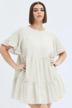 Camel Stripe Smock Dress Short Sleeve Tiered -You And All Fashion Store cdd9659g 33rb stripe 3