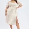 Nude Check Midi Dress Split Front Large Gingham Check