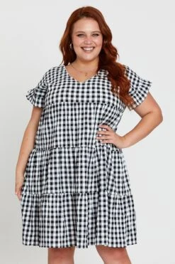 Check Skater Dress V-neck Short Sleeve