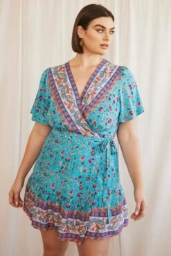 Blue Boho Wrap Dress Short Sleeve V-neck -You And All Fashion Store cdd9843d 33rb boho 3