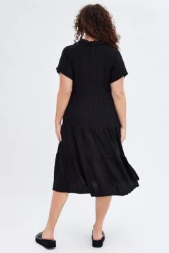 Black Shirtdress Midi Button Linen Blend Short Sleeve -You And All Fashion Store cdda31952 33ab black 5