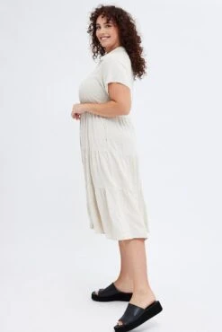 Beige Shirtdress Midi Button Linen Blend Short Sleeve -You And All Fashion Store cdda31952 33ab oatmeal 4