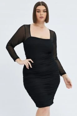 Black Bodycon Dress Long Sleeve Ruched Mesh