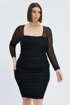 Black Bodycon Dress Long Sleeve Ruched Mesh -You And All Fashion Store cddc1582 33rb black 3