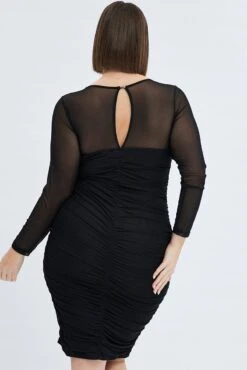 Black Bodycon Dress Long Sleeve Ruched Mesh -You And All Fashion Store cddc1582 33rb black 5