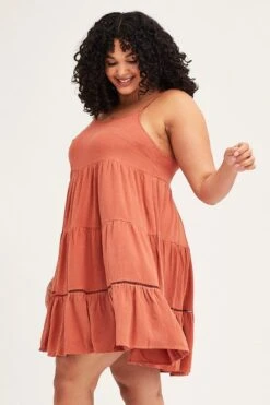 Brown Sleeveless Linen Blend Tiered Swing Dress -You And All Fashion Store cddc16760d 81rb rust 4 1 1