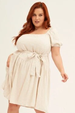 Oatmeal Mini Dress Short Sleeve Scoop Neck Linen Blend -You And All Fashion Store cddk31780 34ab oatmeal 3