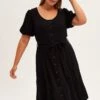 Black Short Sleeve Button Through Linen Blend Midi Dress