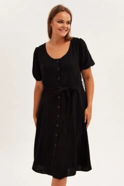 Black Short Sleeve Button Through Linen Blend Midi Dress -You And All Fashion Store cddk31781 33ab black 3