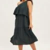 Green Midi Dress One Shoulder Frill Linen Blend