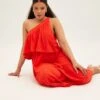 Red Midi Dress One Shoulder Frill Linen Blend