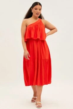 Red Midi Dress One Shoulder Frill Linen Blend -You And All Fashion Store cddk31784 38ab red 3
