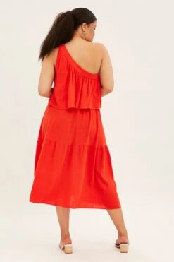 Red Midi Dress One Shoulder Frill Linen Blend -You And All Fashion Store cddk31784 38ab red 5